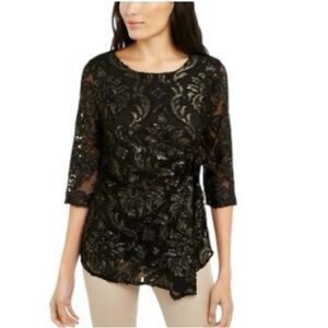 Alfani Black Lace Floral Velvet-Burnout 3/4 Sleeve Babydoll Top Womens Size L